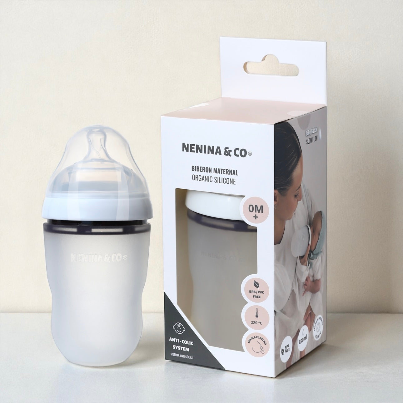 Pack Biberon Blanco flujo lento + Chupete Clásico Nenina & Co